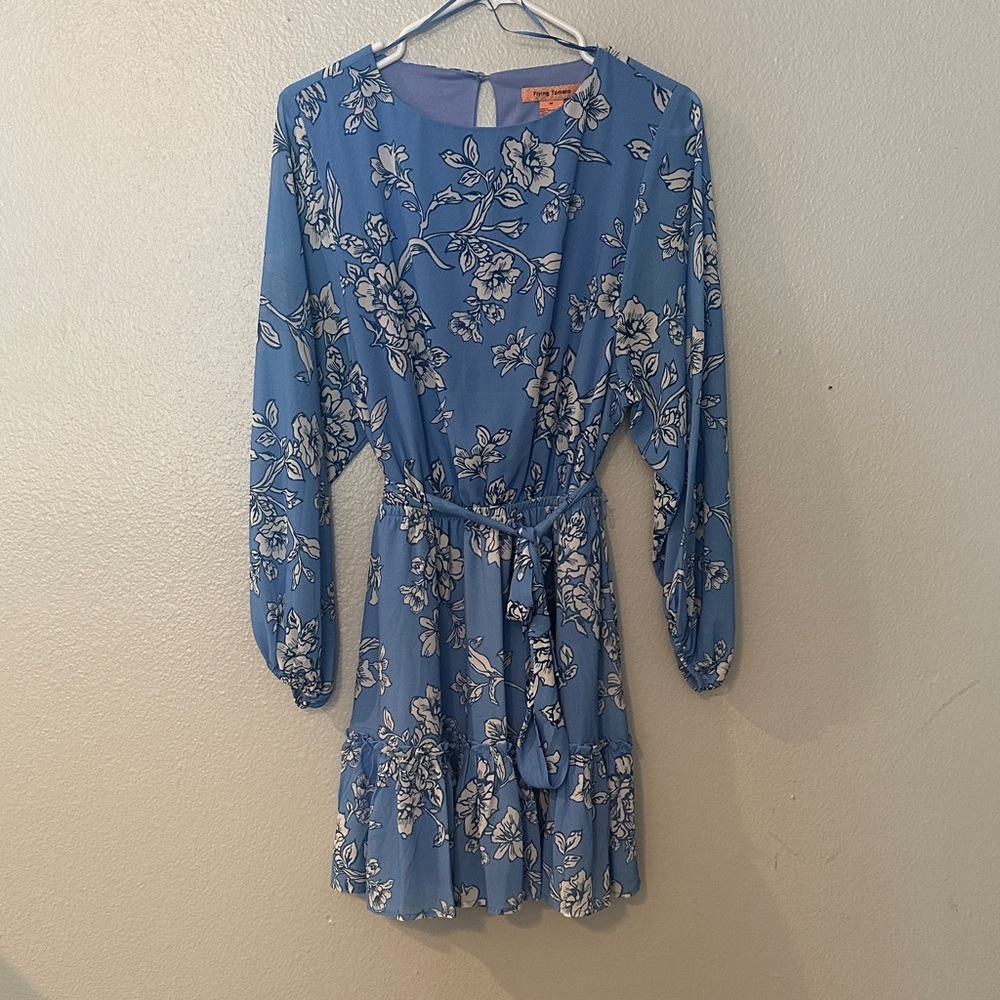 Women’s Blue Floral Long-Sleeve Tie-Waist Dress
